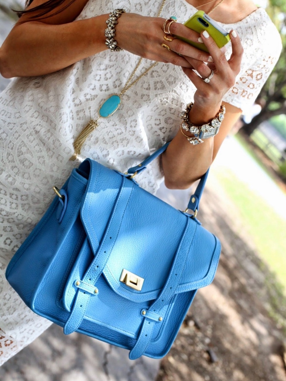 Elegant Blue Leather Satchel with Gold-Tone Hardware